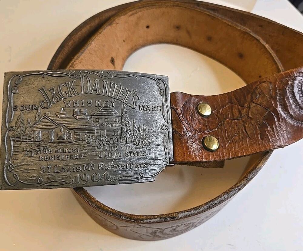 Vintage Jack Daniel's Belt Handmade Tooled Leather Western Buckle 42"